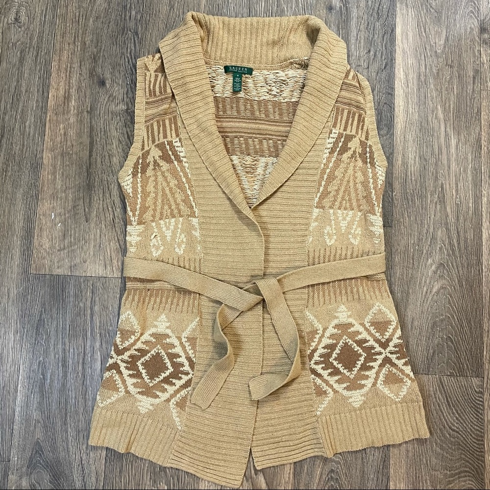 ralph lauren women’s M linen silk aztec open front shawl neck cardigan belted